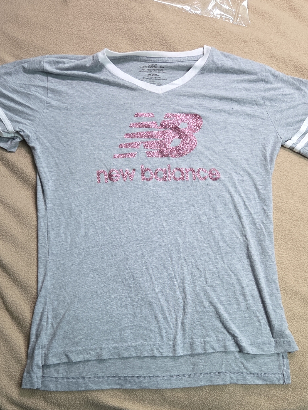 New Balance Light Gray V-Neck Tee with Pink Glitter Logo